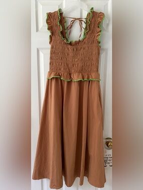 Free People Rust Brown Dress with Lime Trim